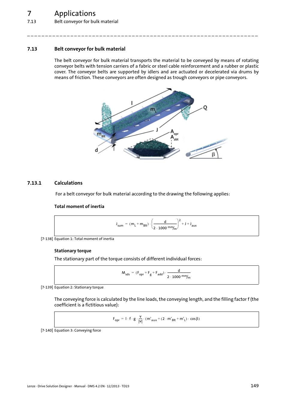 13 belt conveyor for bulk material, 1 calculations, Belt conveyor for bulk material | 7applications | Lenze DSD User Manual | Page 149 / 496