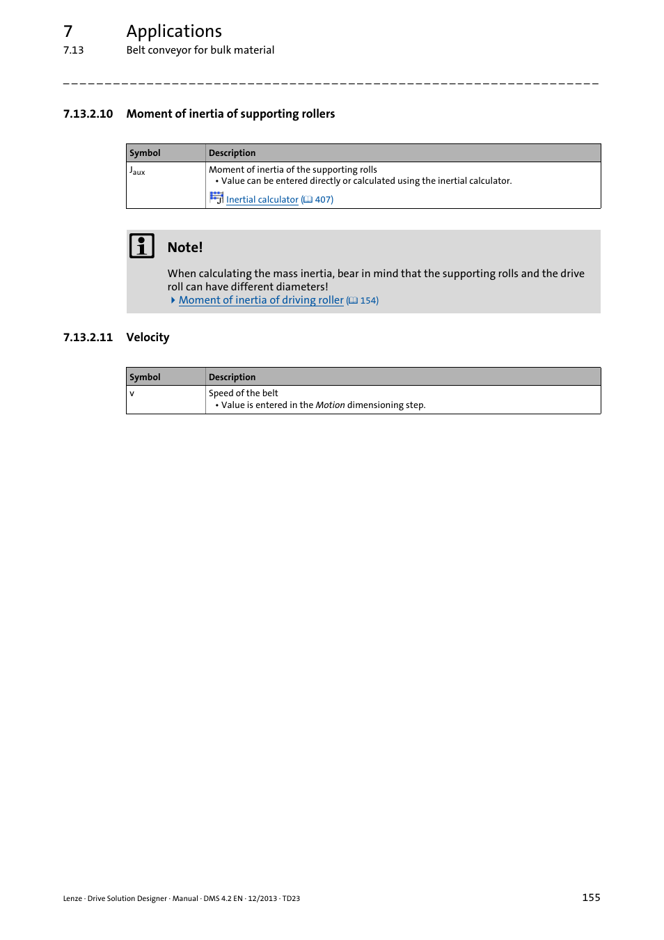 10 moment of inertia of supporting rollers, 11 velocity, Moment of inertia of supporting rollers | 7applications | Lenze DSD User Manual | Page 155 / 496