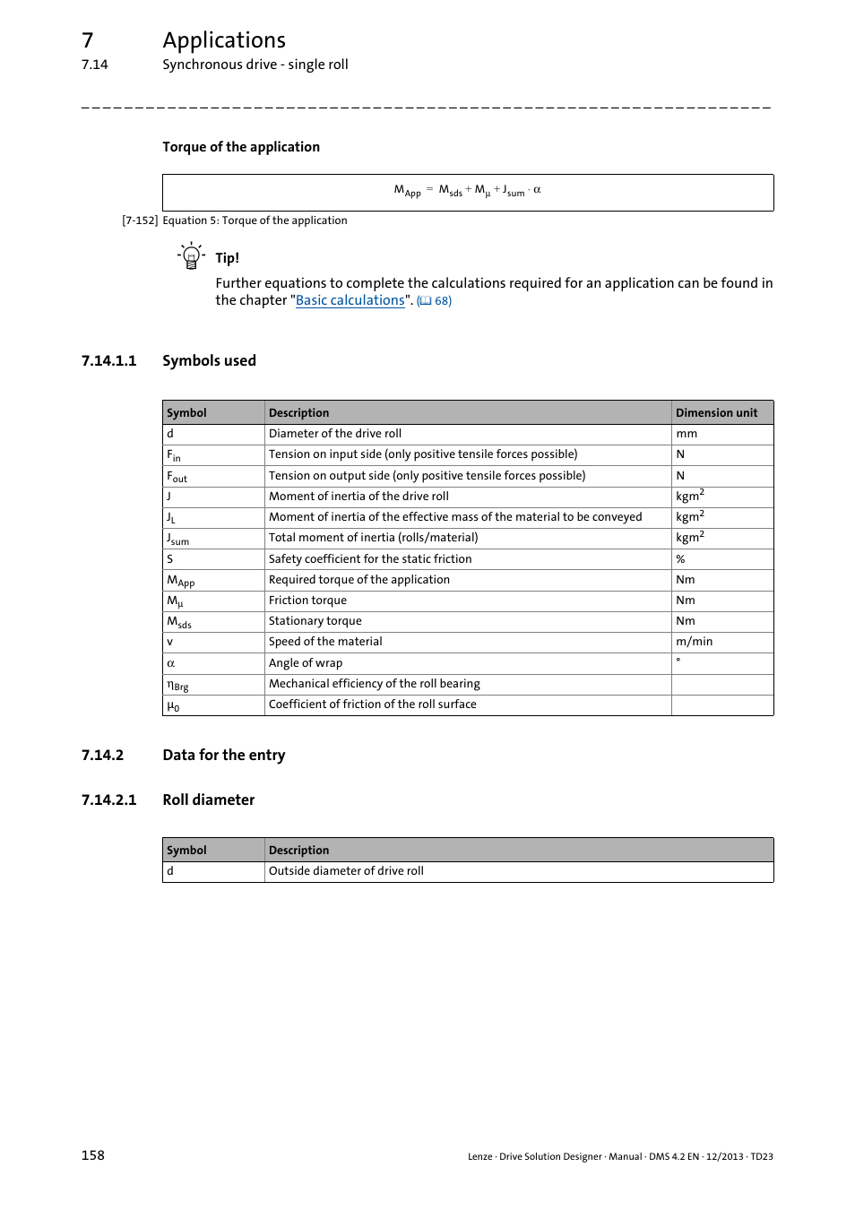 1 symbols used, 2 data for the entry, 1 roll diameter | 7applications | Lenze DSD User Manual | Page 158 / 496