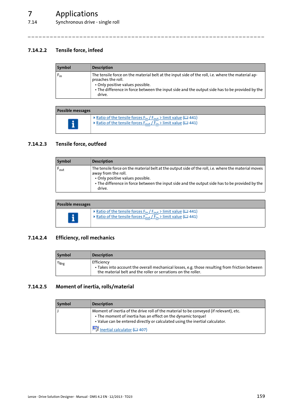 2 tensile force, infeed, 3 tensile force, outfeed, 4 efficiency, roll mechanics | 5 moment of inertia, rolls/material, 7applications | Lenze DSD User Manual | Page 159 / 496