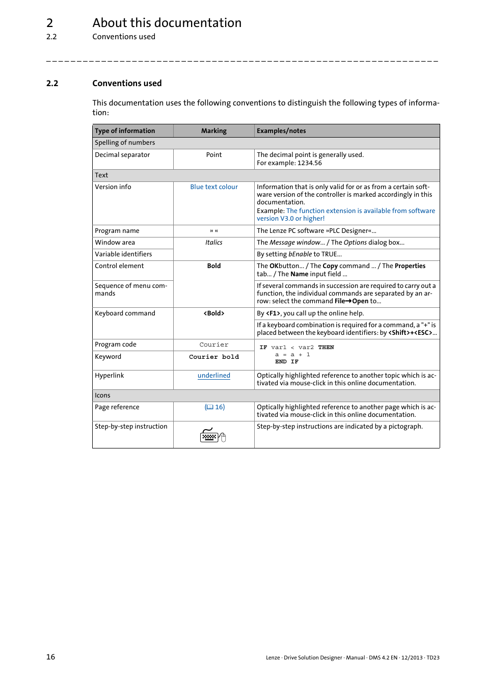 2 conventions used, Conventions used, 2about this documentation | Lenze DSD User Manual | Page 16 / 496