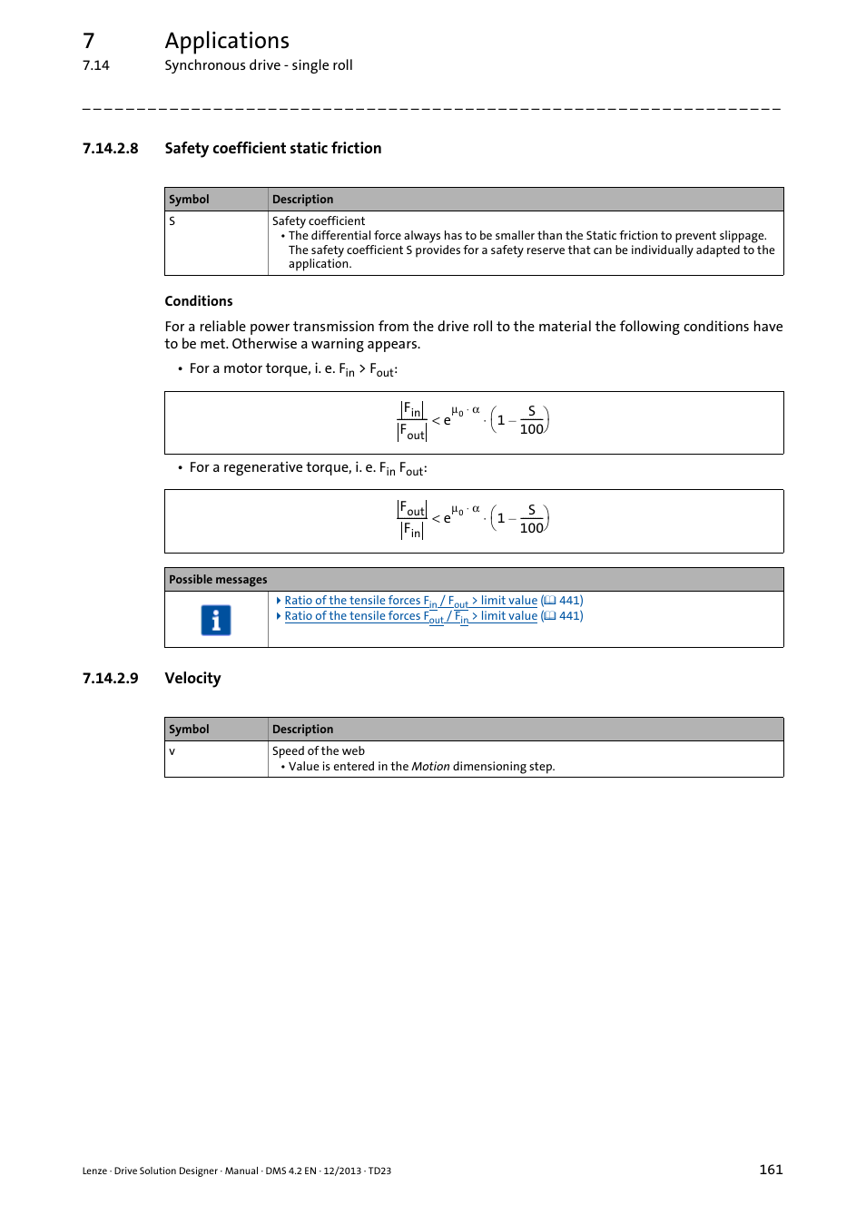 8 safety coefficient static friction, 9 velocity, 7applications | Lenze DSD User Manual | Page 161 / 496