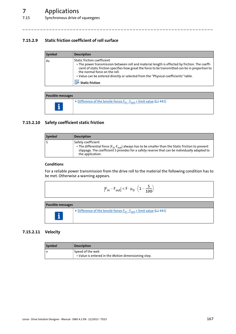 9 static friction coefficient of roll surface, 10 safety coefficient static friction, 11 velocity | 7applications | Lenze DSD User Manual | Page 167 / 496