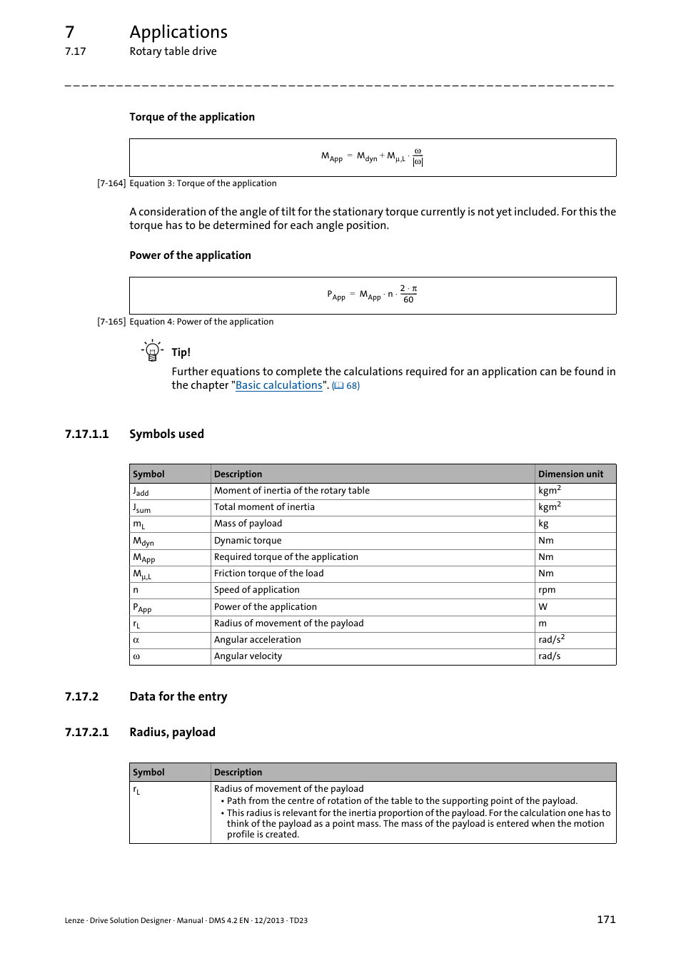 1 symbols used, 2 data for the entry, 1 radius, payload | 7applications | Lenze DSD User Manual | Page 171 / 496