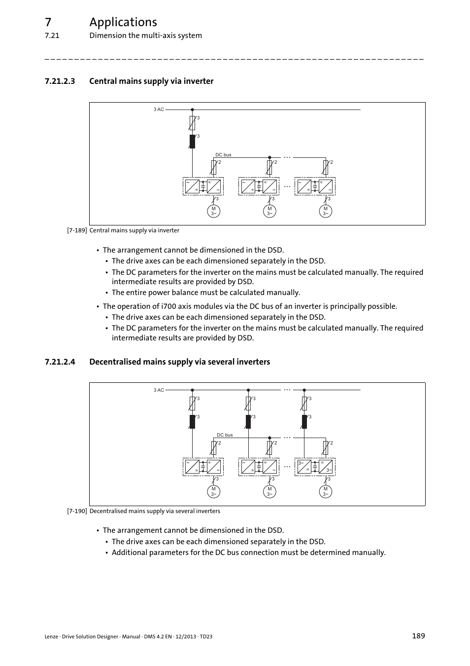 3 central mains supply via inverter, 4 decentralised mains supply via several inverters, 7applications | Lenze DSD User Manual | Page 189 / 496