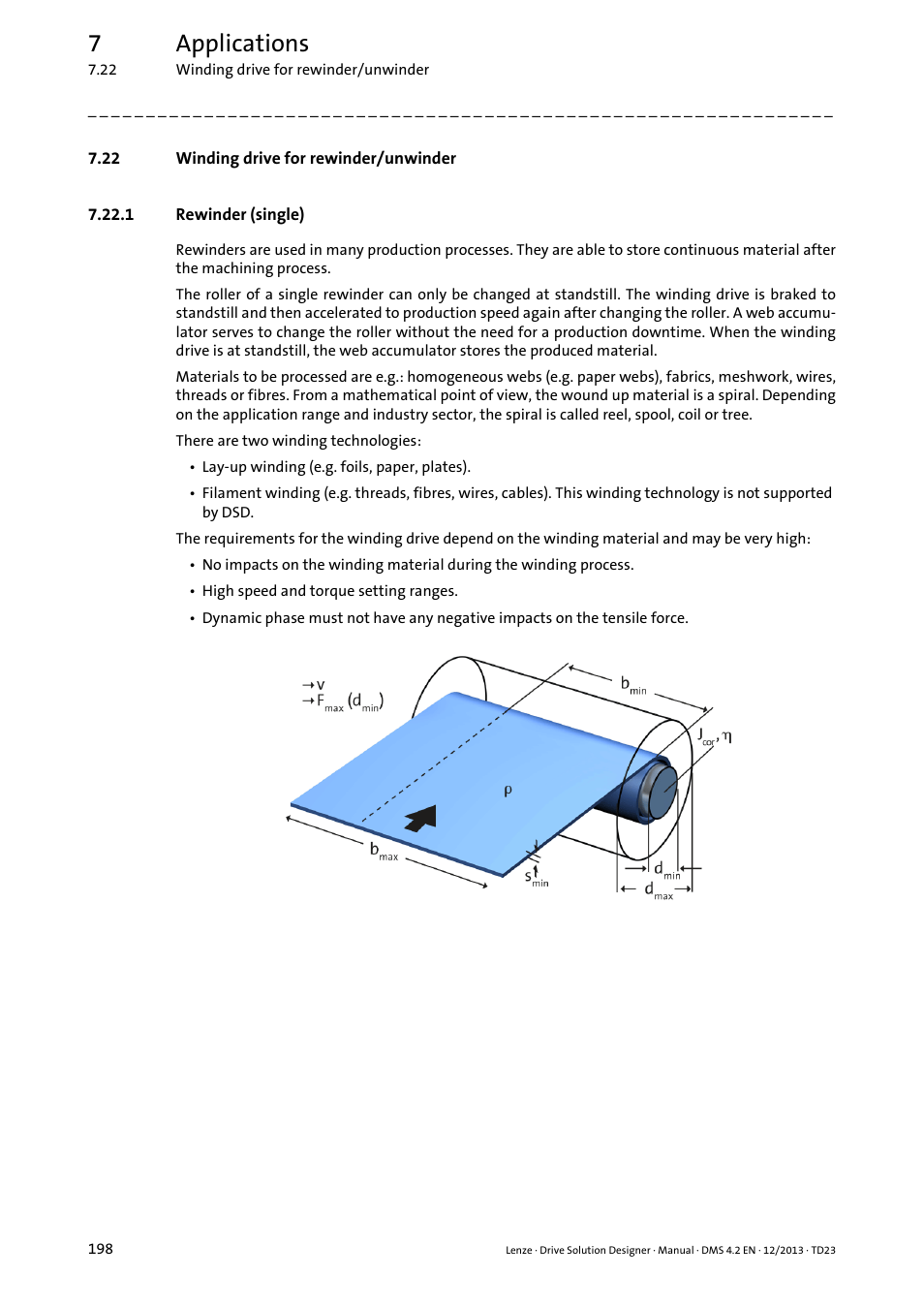 22 winding drive for rewinder/unwinder, 1 rewinder (single), Rewinder (single) | 7applications | Lenze DSD User Manual | Page 198 / 496