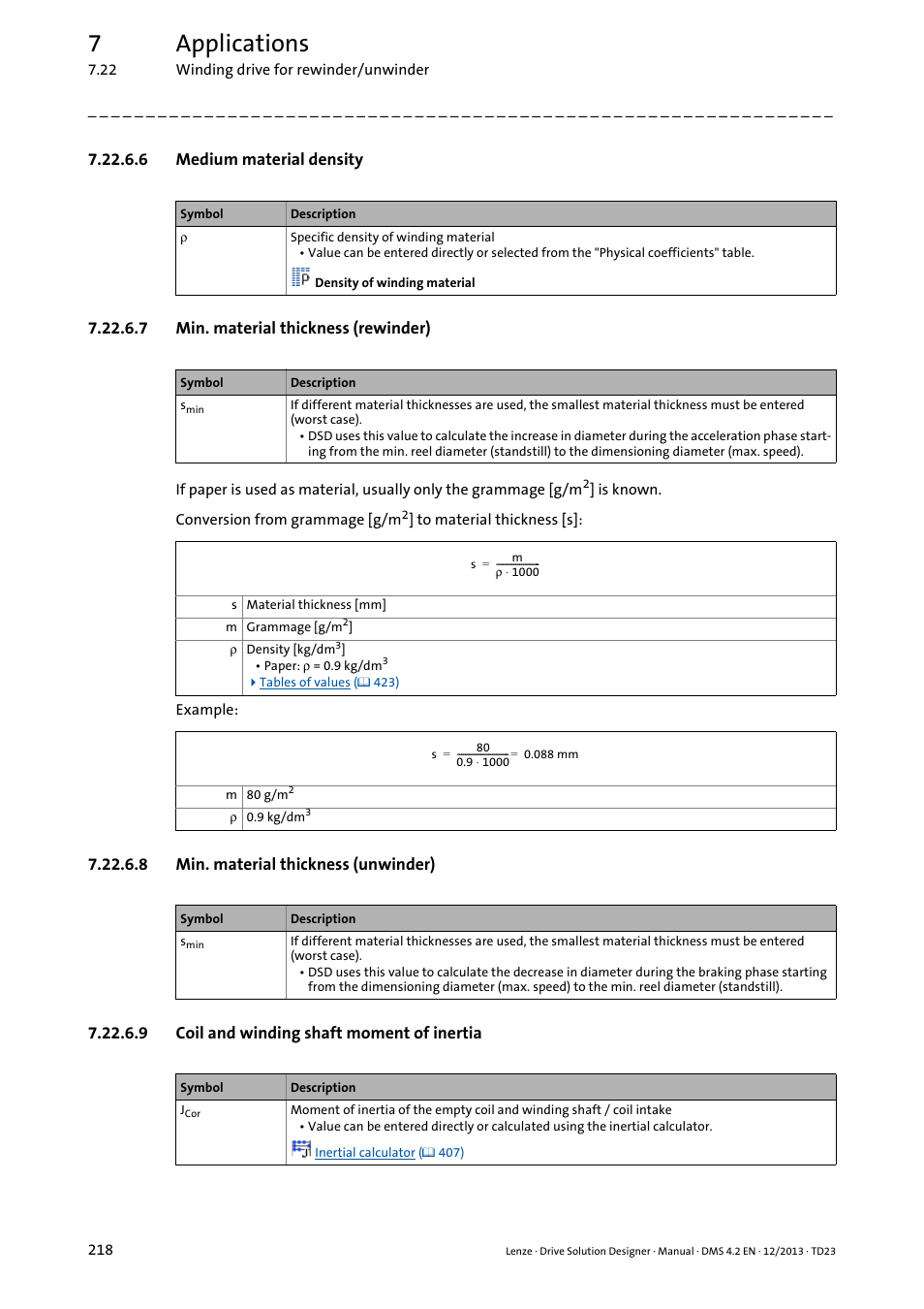 6 medium material density, 7 min. material thickness (rewinder), 8 min. material thickness (unwinder) | 9 coil and winding shaft moment of inertia, 7applications | Lenze DSD User Manual | Page 218 / 496