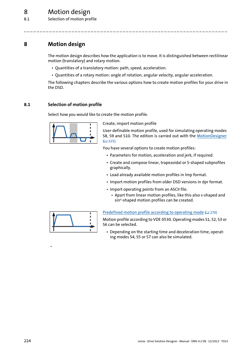 8 motion design, 1 selection of motion profile, Motion design | Selection of motion profile, Motion design ( 224), Tion design, 8motion design | Lenze DSD User Manual | Page 224 / 496