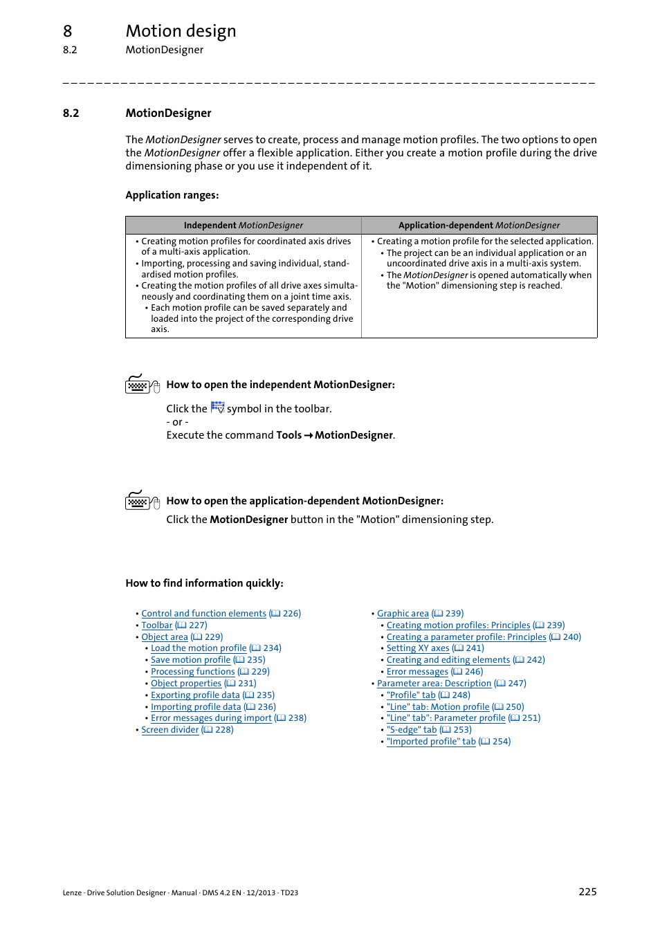 2 motiondesigner, Motiondesigner, Motiondesigner ( 225) | Cuts, 8motion design | Lenze DSD User Manual | Page 225 / 496