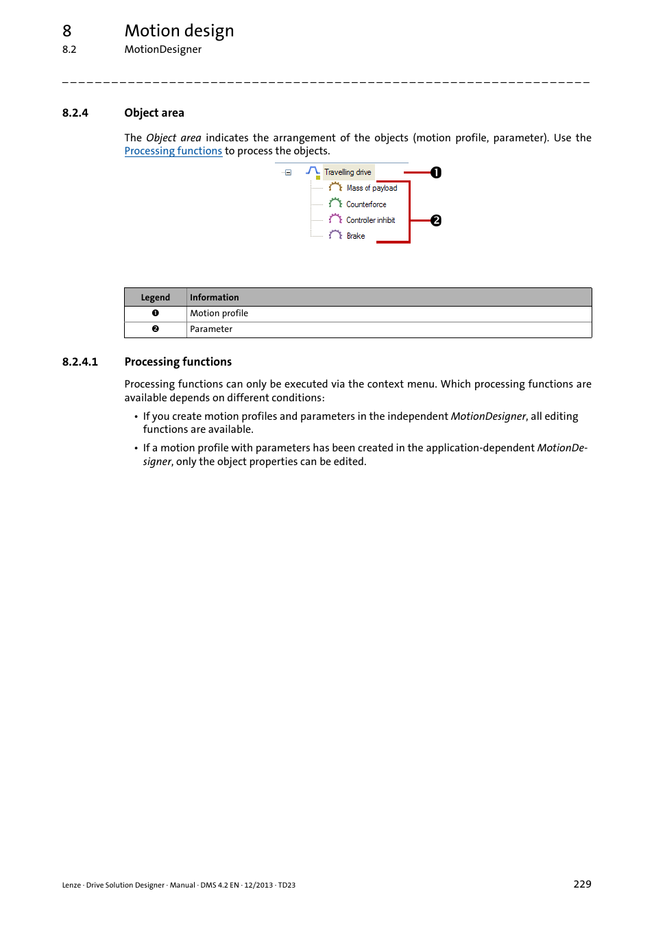 4 object area, 1 processing functions, Object area | Processing functions ( 229), Object area ( 229), 8motion design | Lenze DSD User Manual | Page 229 / 496