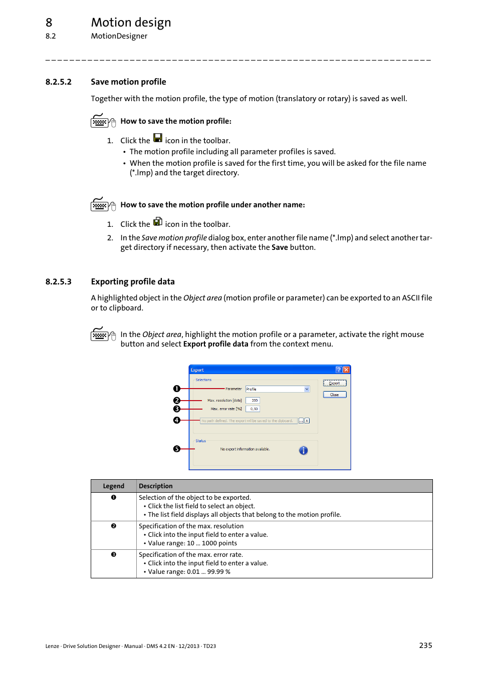 2 save motion profile, 3 exporting profile data, Save motion profile ( 235) | Exporting profile data ( 235), 8motion design | Lenze DSD User Manual | Page 235 / 496