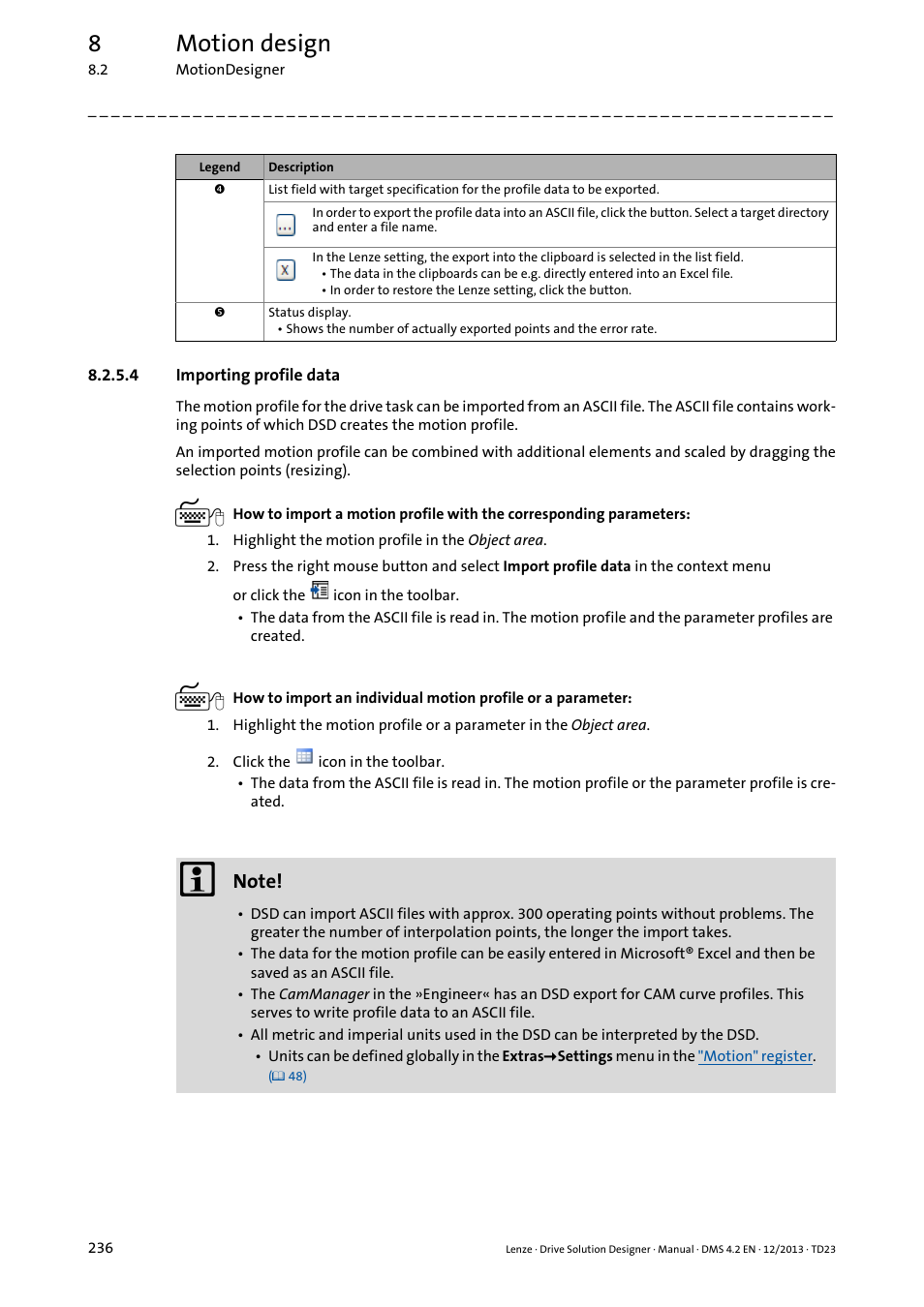 4 importing profile data, Importing profile data ( 236), Importing profile data | 8motion design | Lenze DSD User Manual | Page 236 / 496