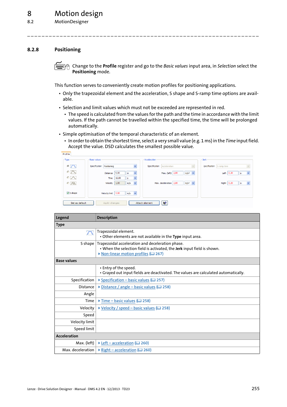 8 positioning, Positioning, 8motion design | Lenze DSD User Manual | Page 255 / 496