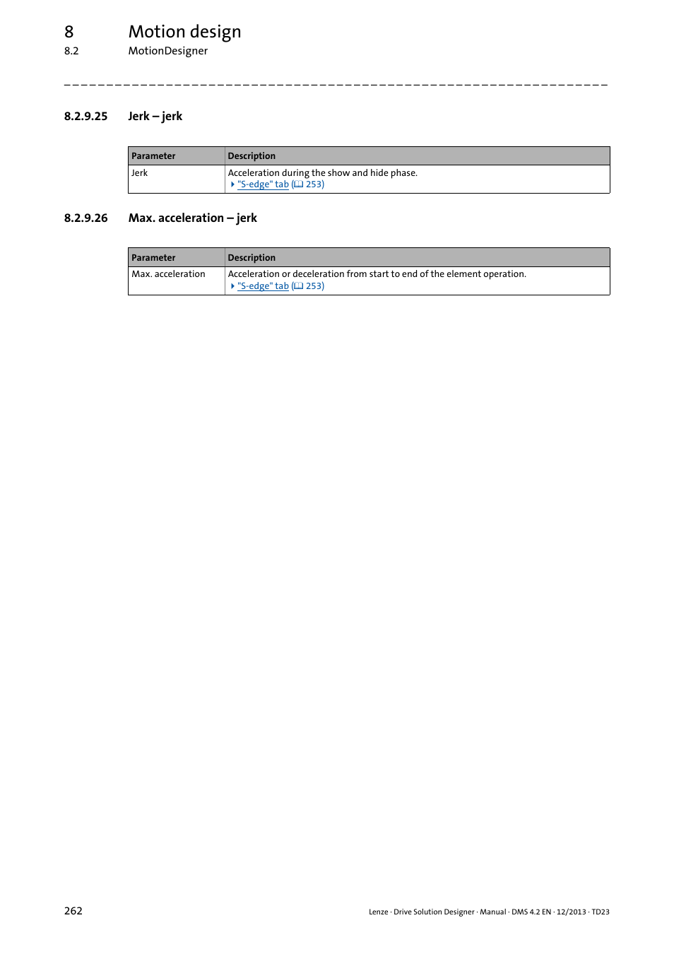 25 jerk - jerk, 26 max. acceleration - jerk, Jerk – jerk ( 262) | Max. acceleration – jerk ( 262), 8motion design | Lenze DSD User Manual | Page 262 / 496