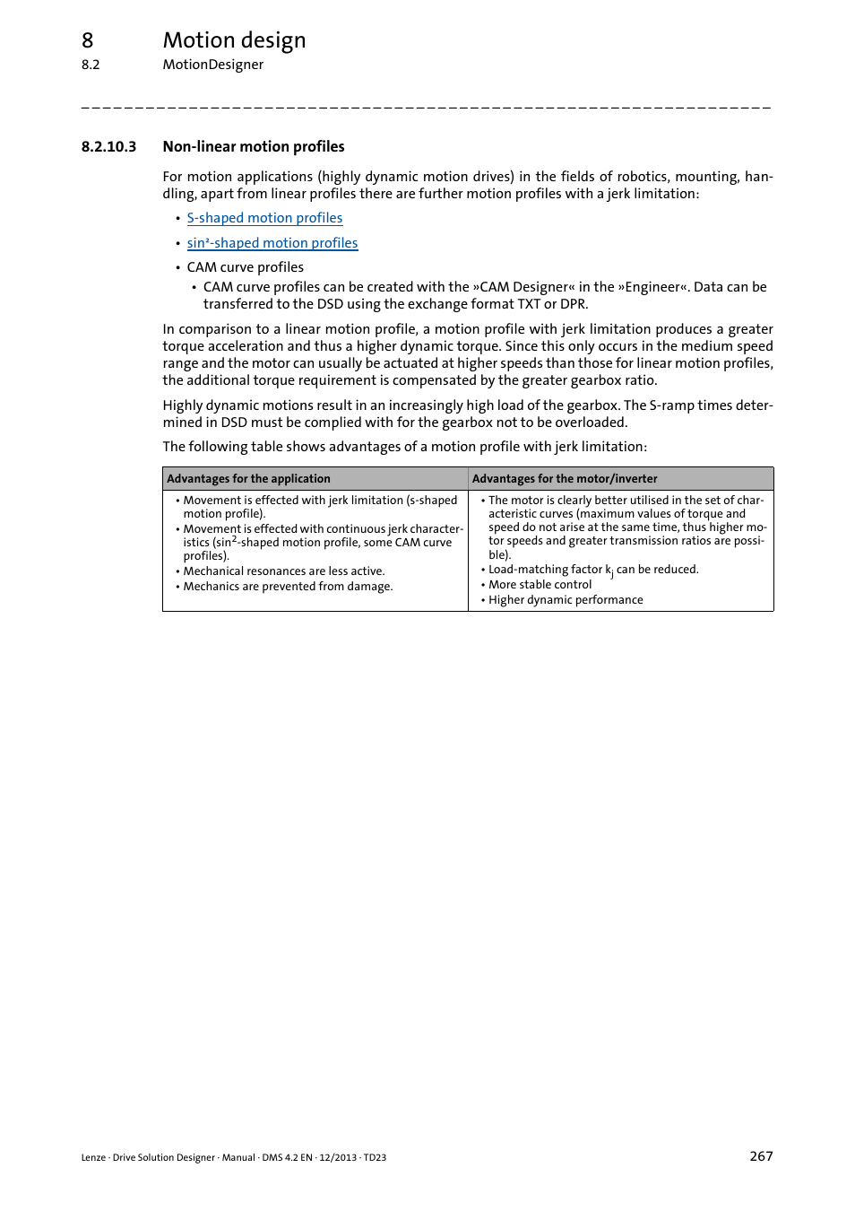3 non-linear motion profiles, Non-linear motion profiles ( 267), 8motion design | Lenze DSD User Manual | Page 267 / 496