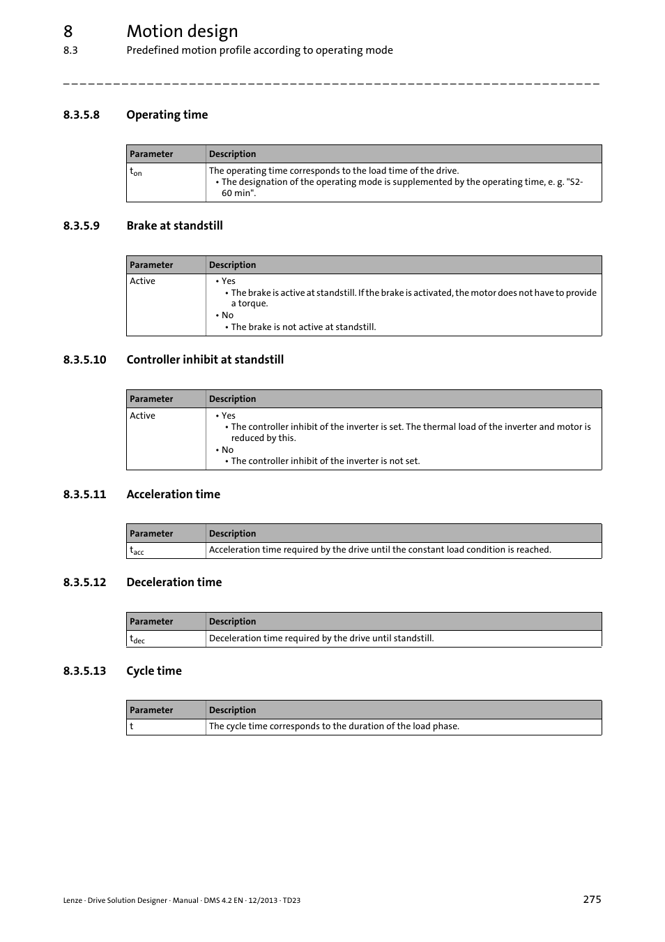 8 operating time, 9 brake at standstill, 10 controller inhibit at standstill | 11 acceleration time, 12 deceleration time, 13 cycle time, 8motion design | Lenze DSD User Manual | Page 275 / 496