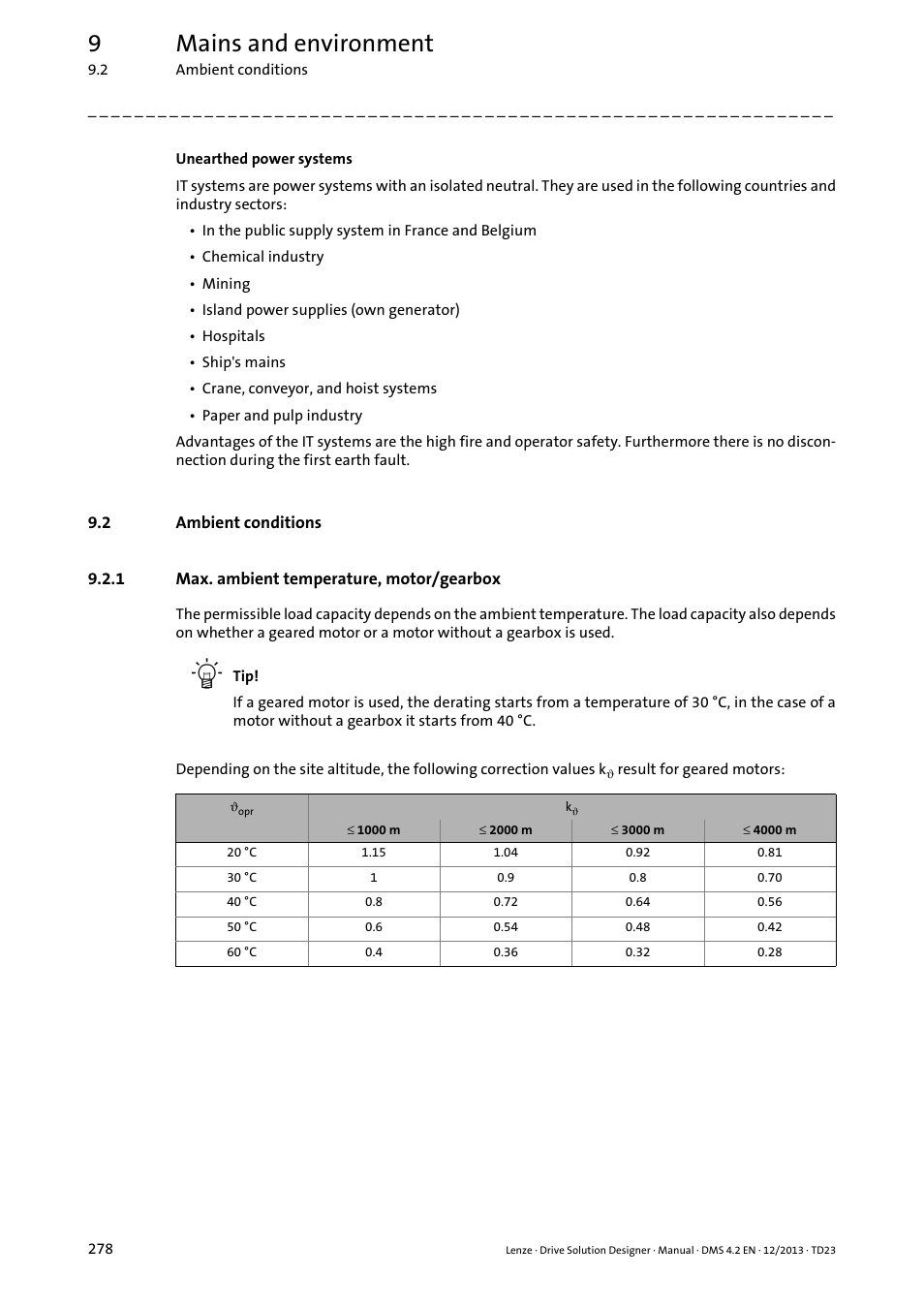 2 ambient conditions, 1 max. ambient temperature, motor/gearbox, Ambient conditions | Max. ambient temperature, motor/gearbox, 9mains and environment | Lenze DSD User Manual | Page 278 / 496