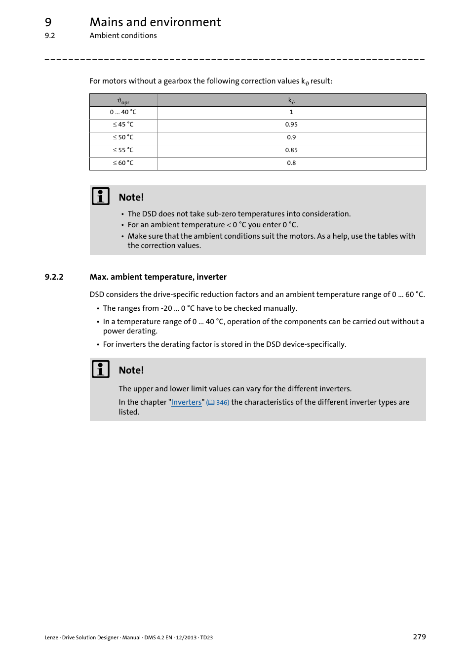 2 max. ambient temperature, inverter, Max. ambient temperature, inverter, 9mains and environment | Lenze DSD User Manual | Page 279 / 496