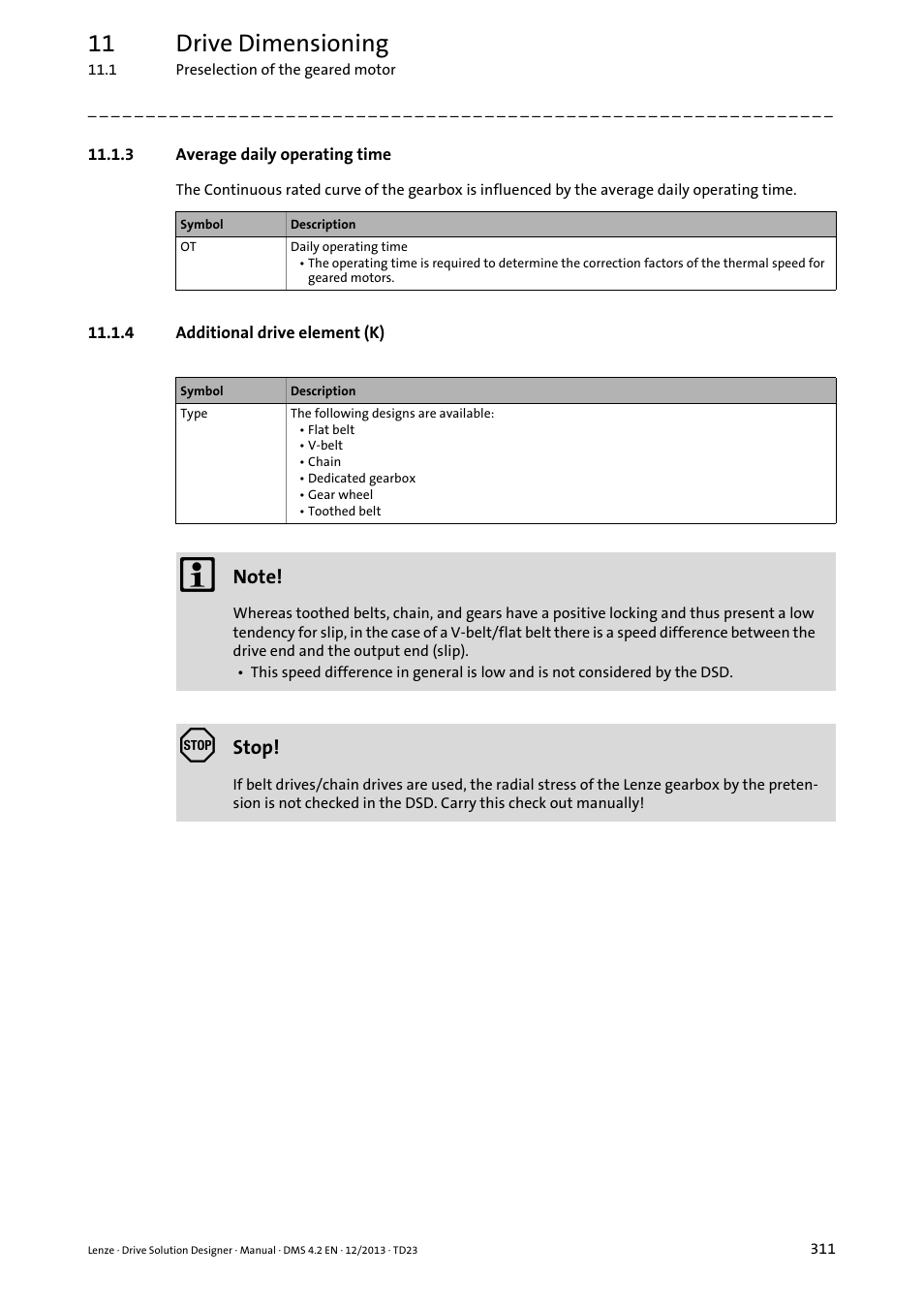 3 average daily operating time, 4 additional drive element (k), 11 drive dimensioning | Lenze DSD User Manual | Page 311 / 496