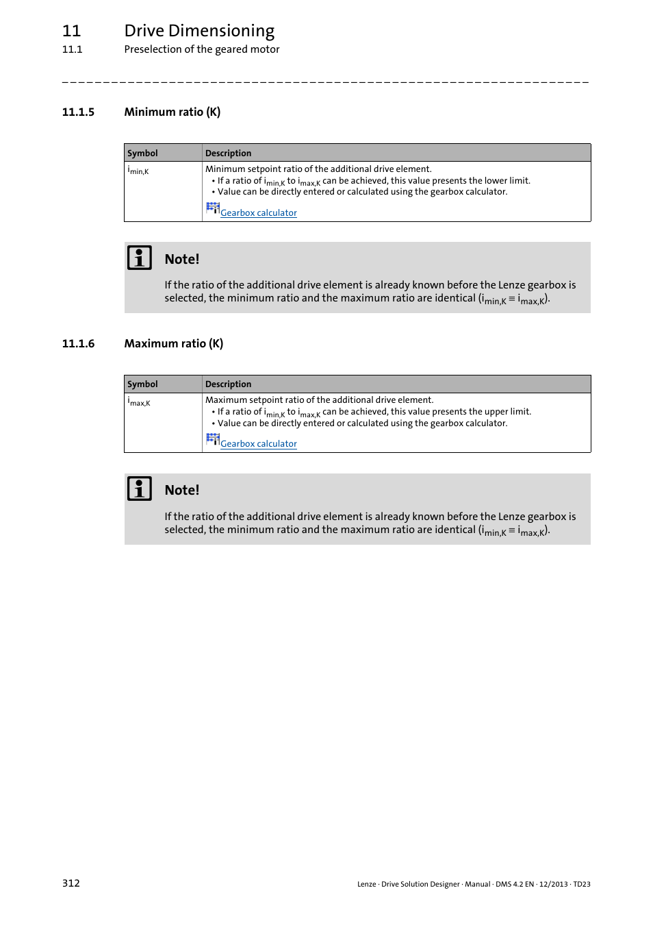 5 minimum ratio (k), 6 maximum ratio (k), 11 drive dimensioning | Lenze DSD User Manual | Page 312 / 496