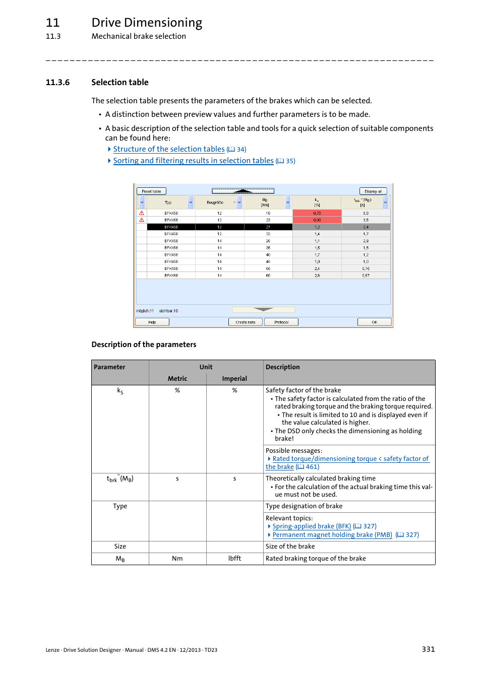 6 selection table, Selection table, 11 drive dimensioning | Lenze DSD User Manual | Page 331 / 496