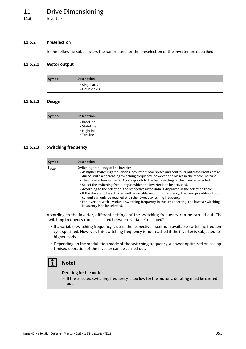 2 preselection, 1 motor output, 2 design | 3 switching frequency, Preselection, 11 drive dimensioning | Lenze DSD User Manual | Page 353 / 496