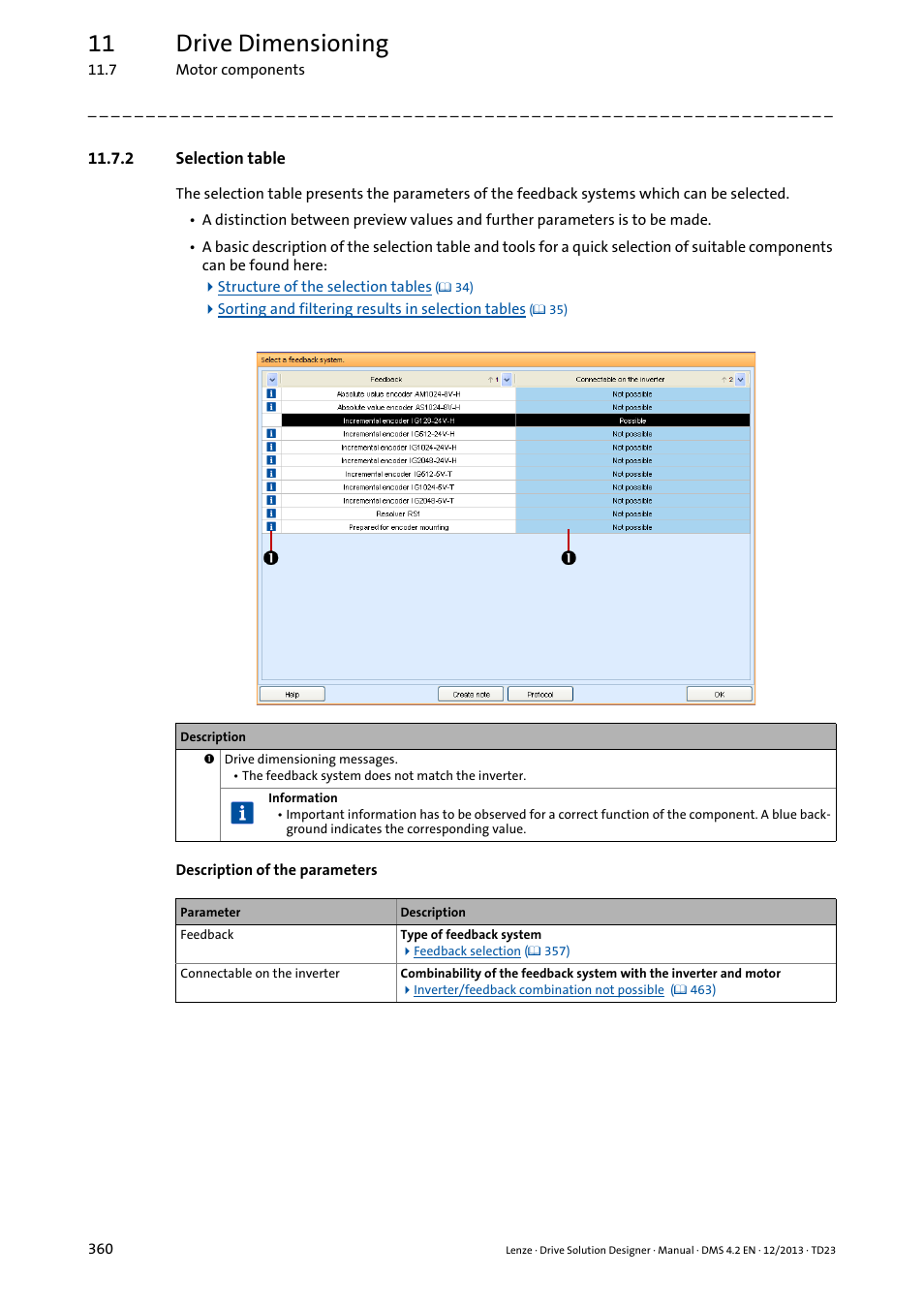 2 selection table, 11 drive dimensioning | Lenze DSD User Manual | Page 360 / 496