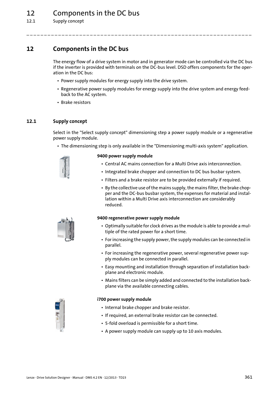 12 components in the dc bus, 1 supply concept, Components in the dc bus | Lenze DSD User Manual | Page 361 / 496