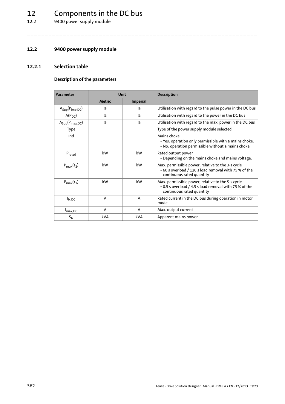 2 9400 power supply module, 1 selection table, 12 components in the dc bus | Lenze DSD User Manual | Page 362 / 496