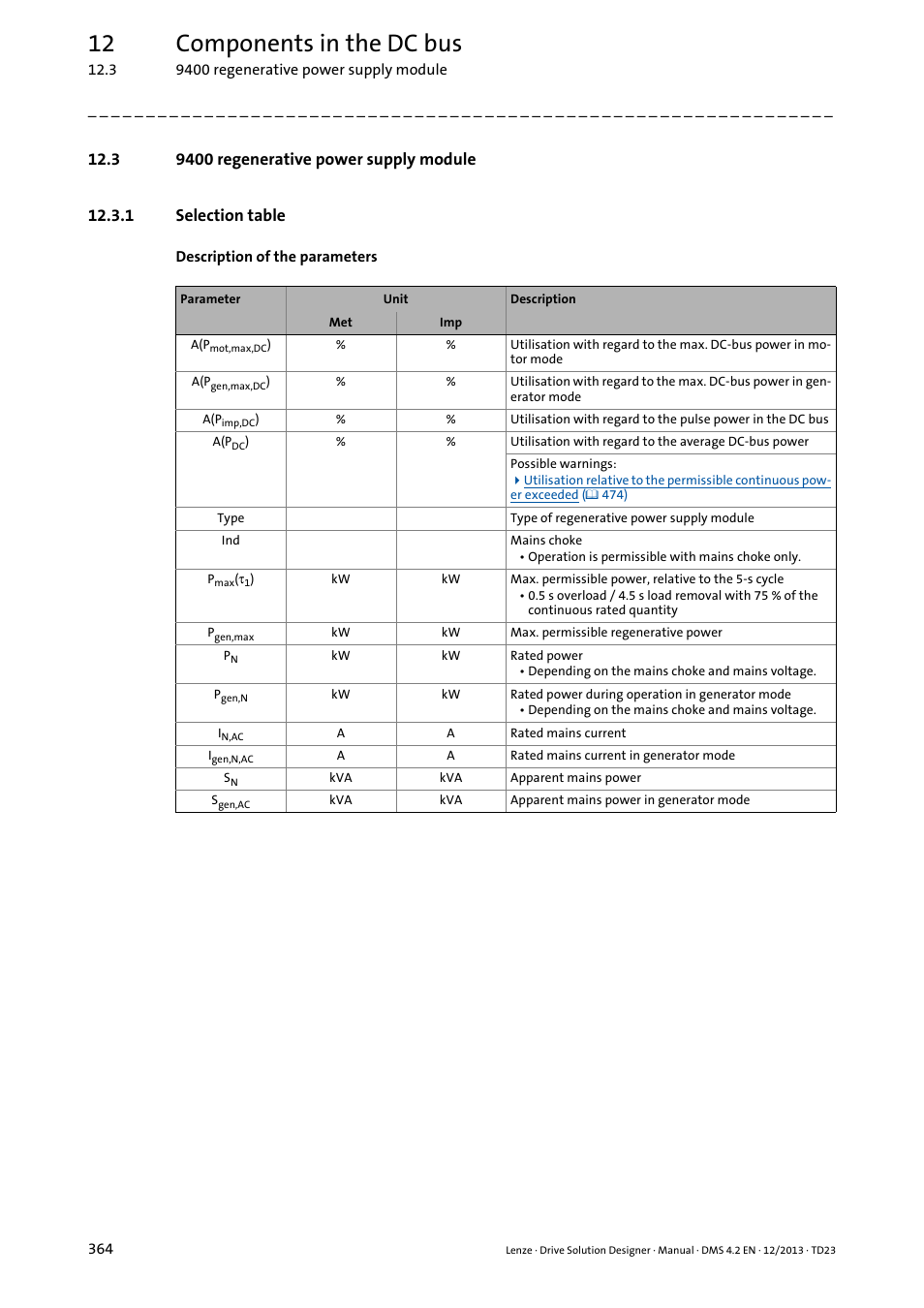 3 9400 regenerative power supply module, 1 selection table, 12 components in the dc bus | Lenze DSD User Manual | Page 364 / 496