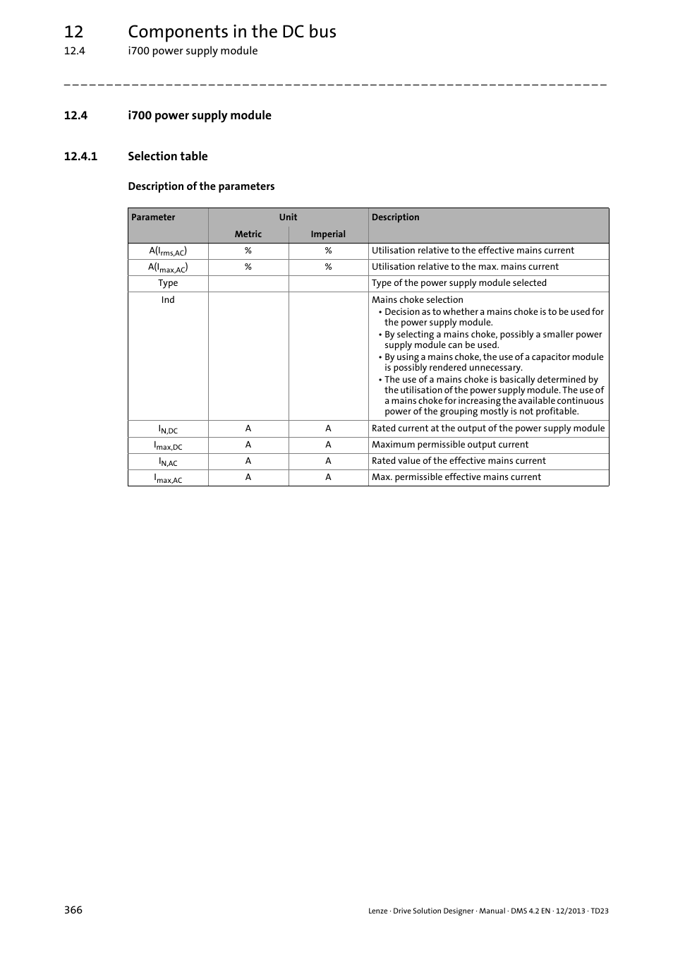 4 i700 power supply module, 1 selection table, 12 components in the dc bus | Lenze DSD User Manual | Page 366 / 496