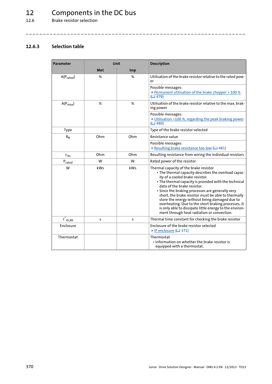3 selection table, 12 components in the dc bus | Lenze DSD User Manual | Page 370 / 496