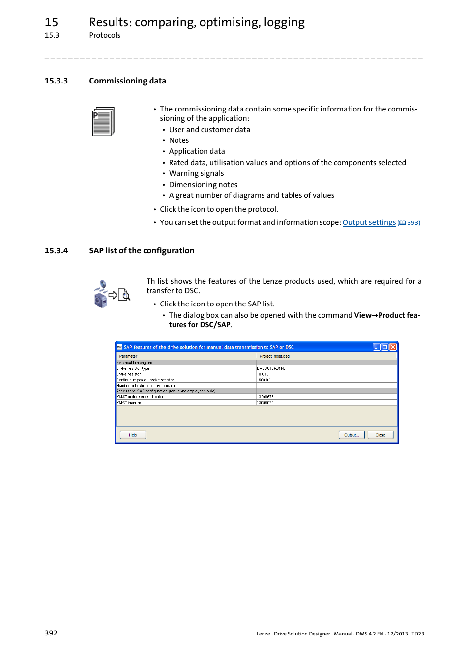 3 commissioning data, 4 sap list of the configuration, 15 results: comparing, optimising, logging | Lenze DSD User Manual | Page 392 / 496