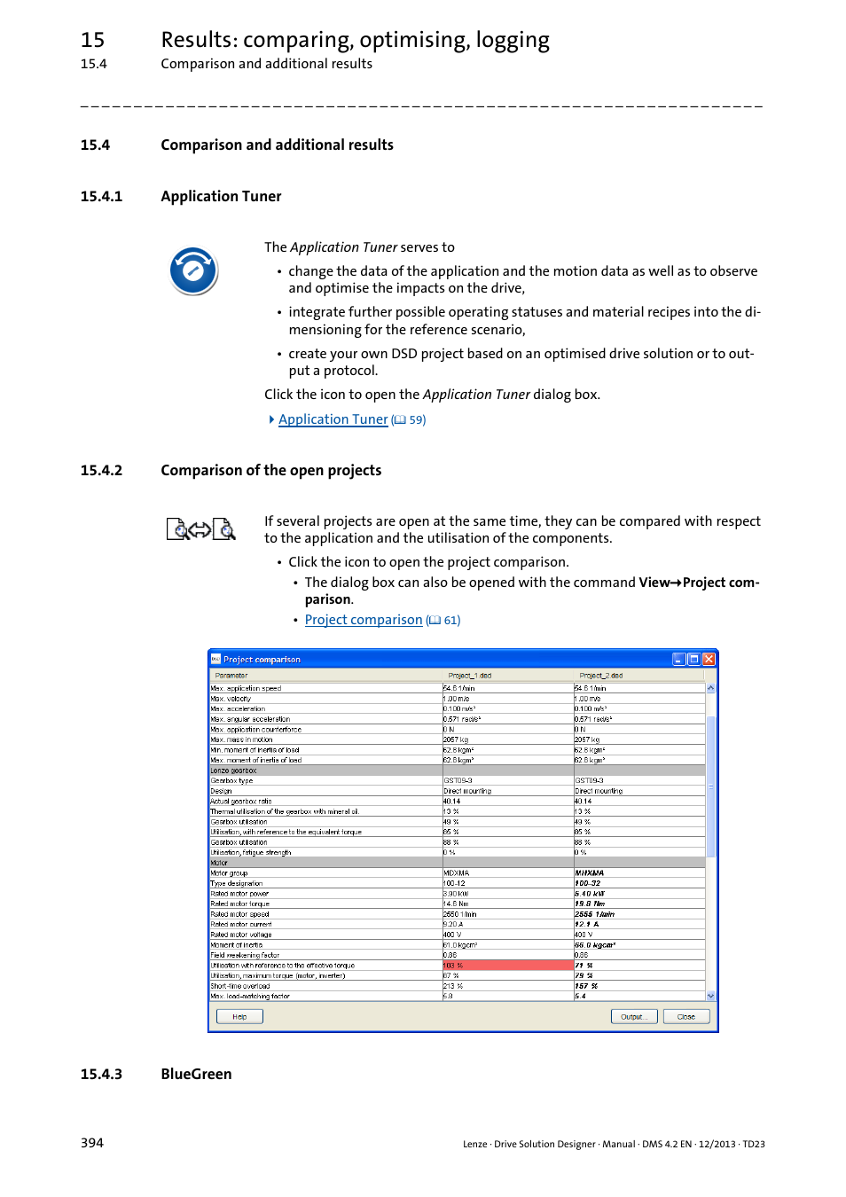 4 comparison and additional results, 1 application tuner, 2 comparison of the open projects | 3 bluegreen solutions, 3 bluegreen, Solutions, Comparison and additional results, 15 results: comparing, optimising, logging | Lenze DSD User Manual | Page 394 / 496