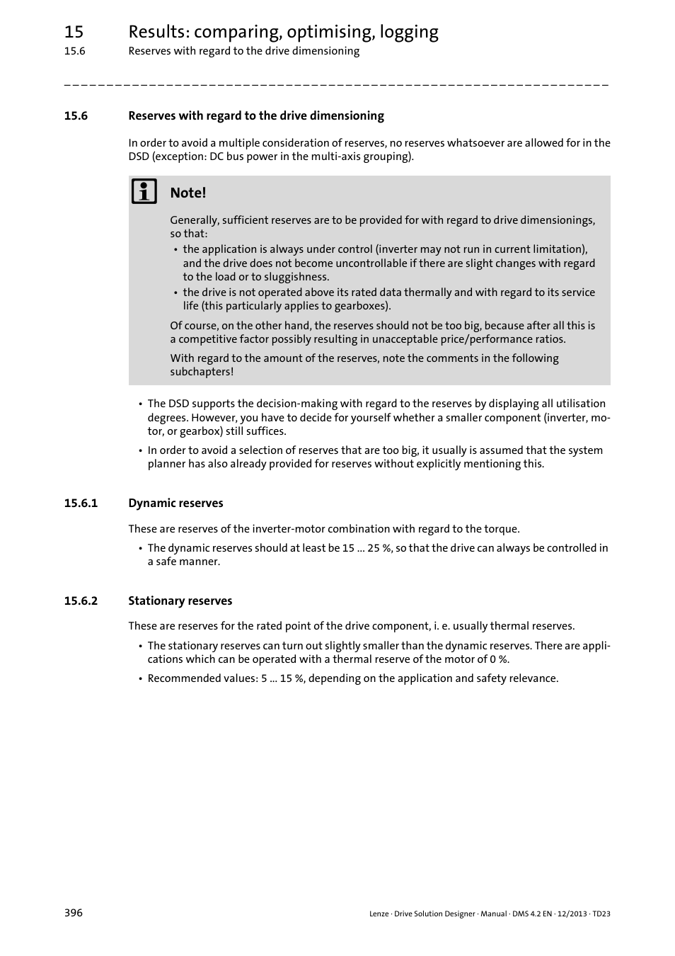 6 reserves with regard to the drive dimensioning, 1 dynamic reserves, 2 stationary reserves | 15 results: comparing, optimising, logging | Lenze DSD User Manual | Page 396 / 496