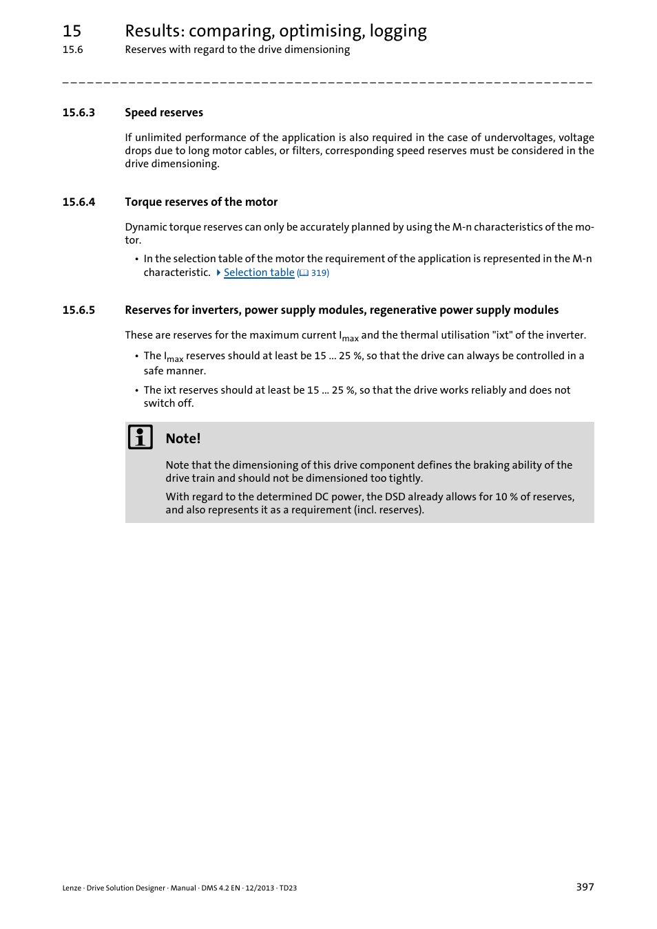 3 speed reserves, 4 torque reserves of the motor, 15 results: comparing, optimising, logging | Lenze DSD User Manual | Page 397 / 496