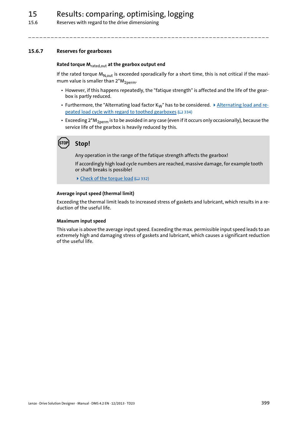 7 reserves for gearboxes, 15 results: comparing, optimising, logging, Stop | Lenze DSD User Manual | Page 399 / 496