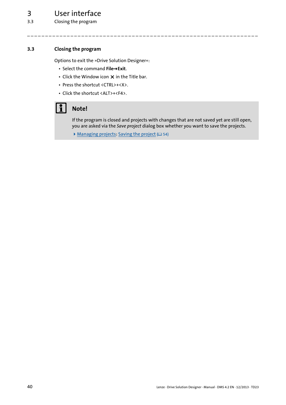 3 closing the program, Closing the program, Closing the program ( 40) | 3user interface | Lenze DSD User Manual | Page 40 / 496