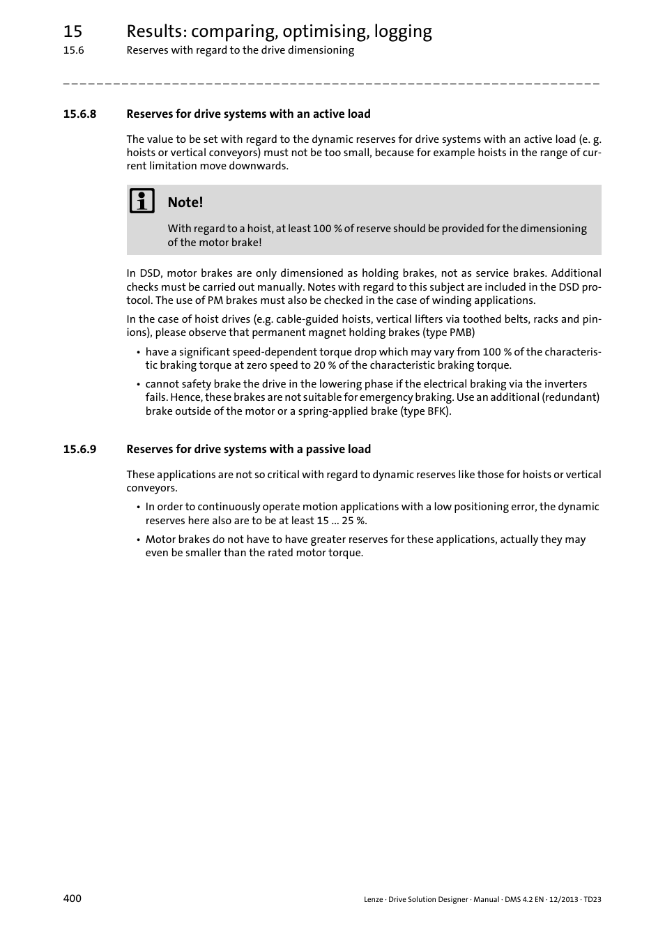 8 reserves for drive systems with an active load, 9 reserves for drive systems with a passive load, 15 results: comparing, optimising, logging | Lenze DSD User Manual | Page 400 / 496