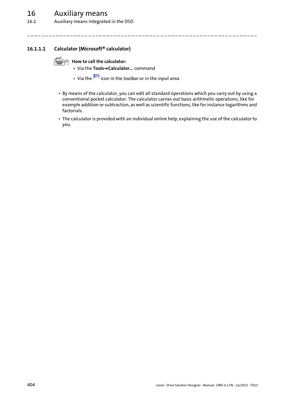 1 calculator (microsoft® calculator), Calculator (microsoft® calculator) ( 404), 16 auxiliary means | Lenze DSD User Manual | Page 404 / 496