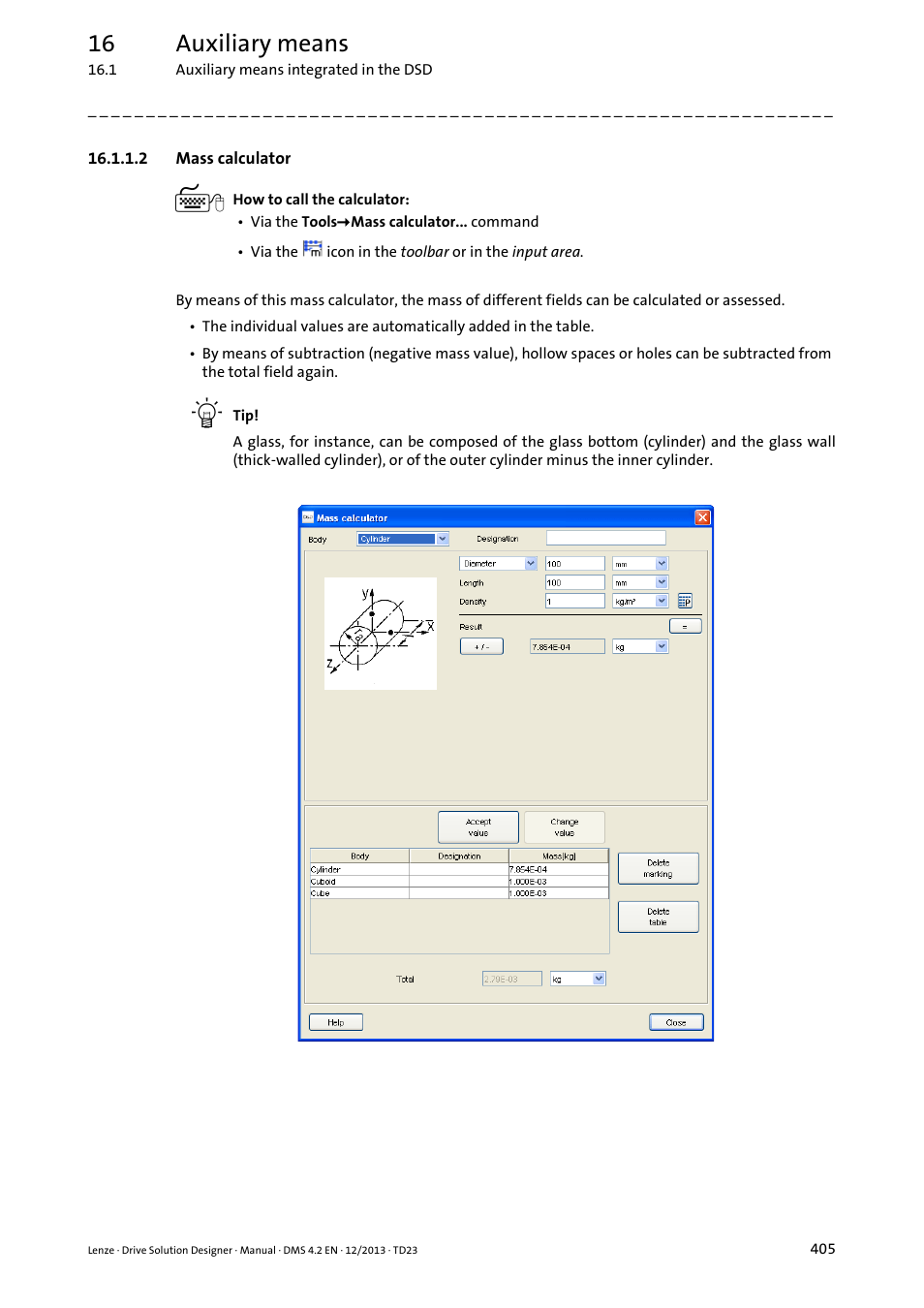 2 mass calculator, Mass calculator ( 405), 16 auxiliary means | Lenze DSD User Manual | Page 405 / 496