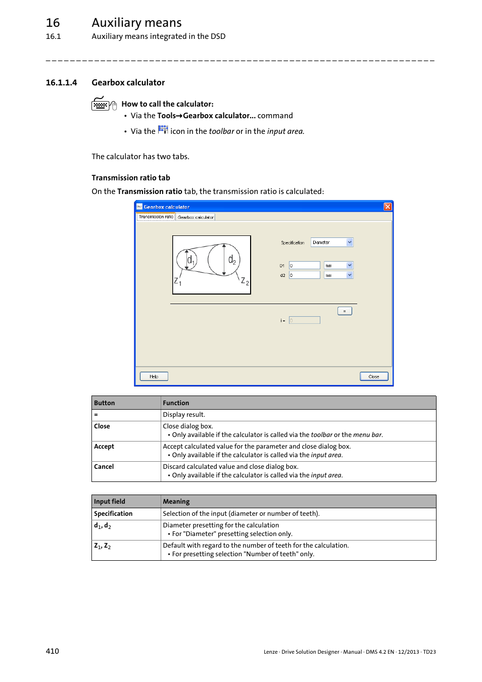 4 gearbox calculator, Gearbox calculator ( 410), 16 auxiliary means | Lenze DSD User Manual | Page 410 / 496