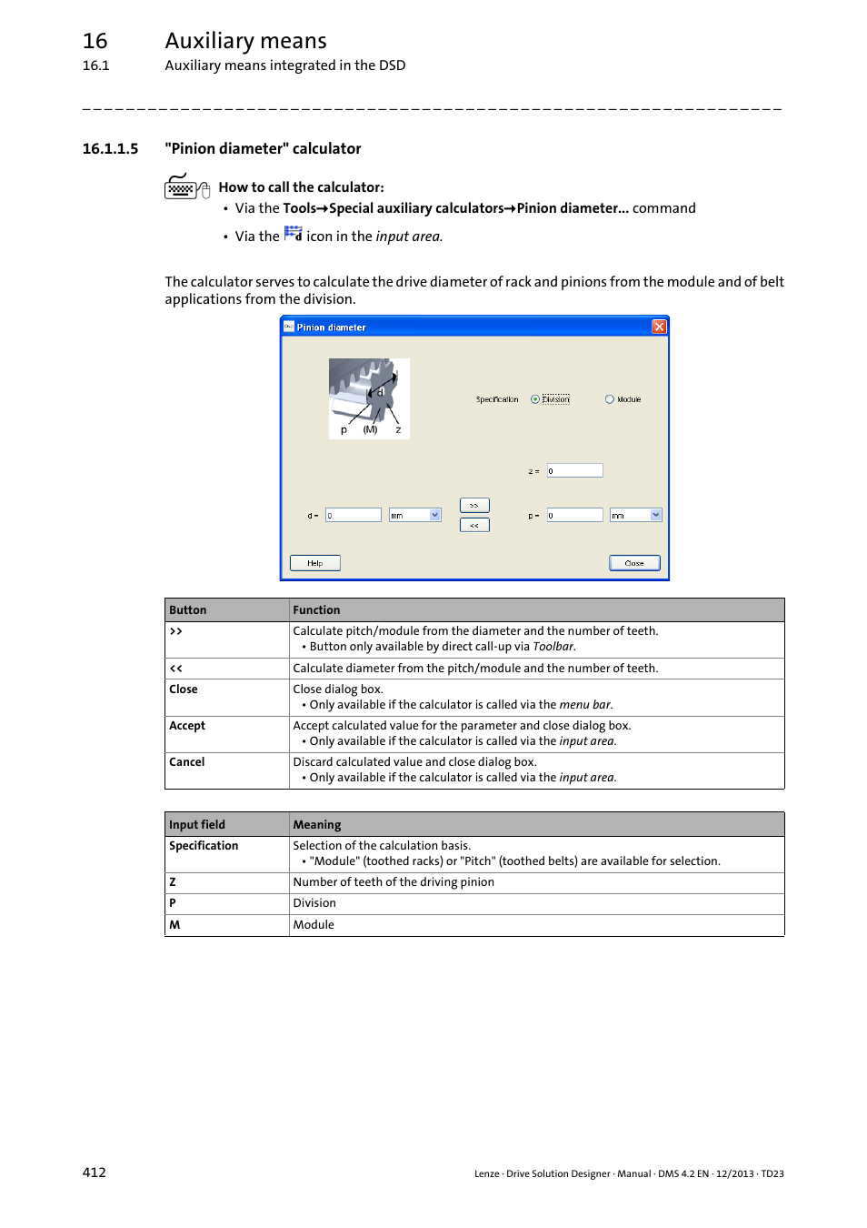 5 "pinion diameter" calculator, Pinion diameter" calculator ( 412), Pinion diameter" calculator | 16 auxiliary means | Lenze DSD User Manual | Page 412 / 496