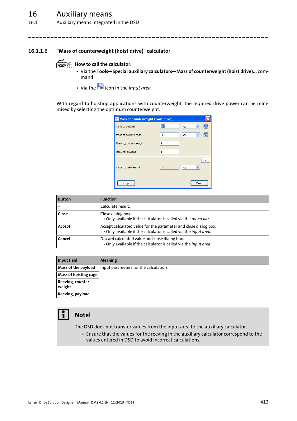 6 "mass of counterweight (hoist drive)" calculator, 16 auxiliary means | Lenze DSD User Manual | Page 413 / 496