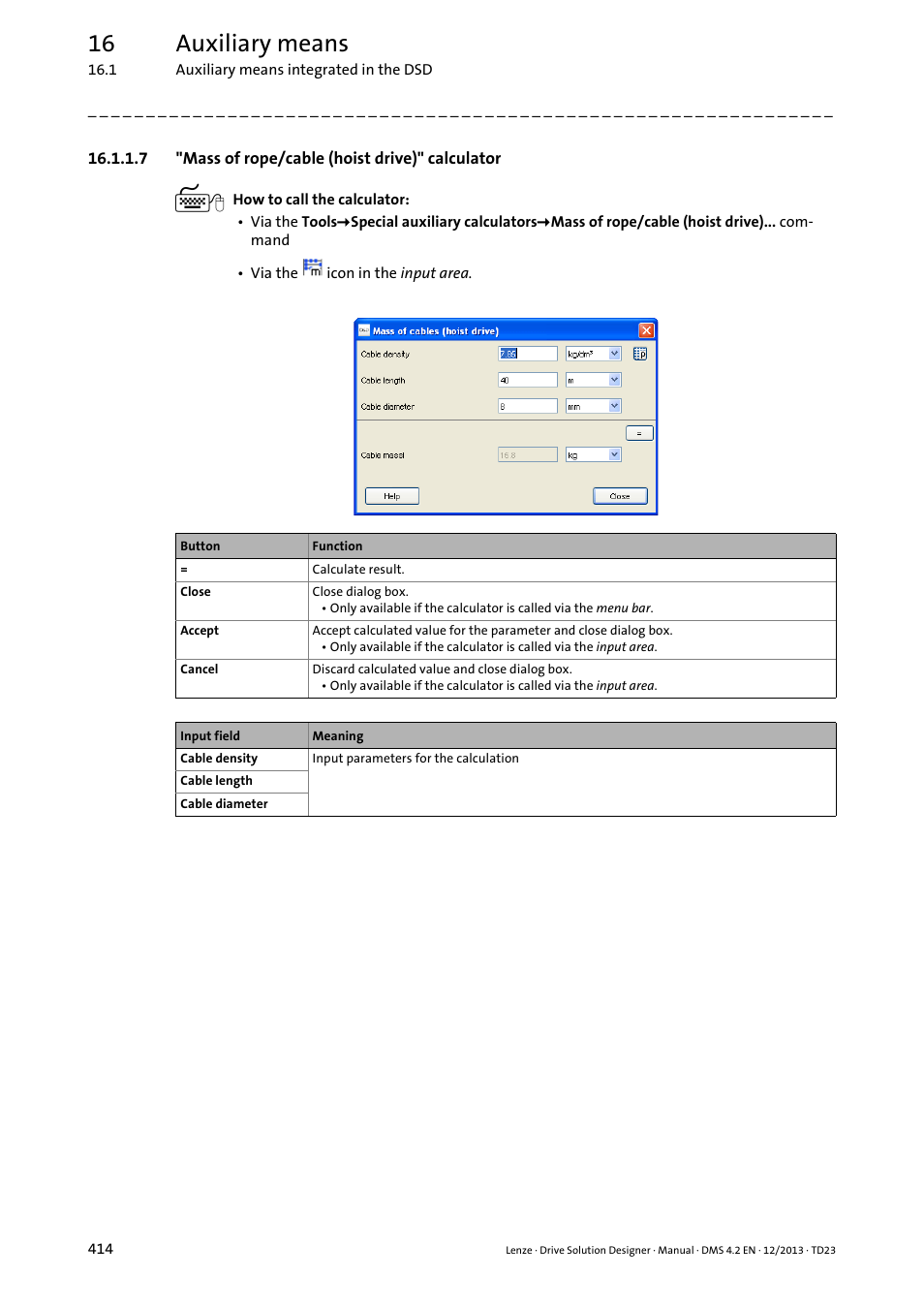 7 "mass of rope/cable (hoist drive)" calculator, 16 auxiliary means | Lenze DSD User Manual | Page 414 / 496