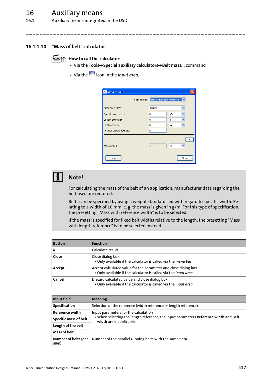 10 "mass of belt" calculator, Mass of belt" calculator ( 417), 16 auxiliary means | Lenze DSD User Manual | Page 417 / 496