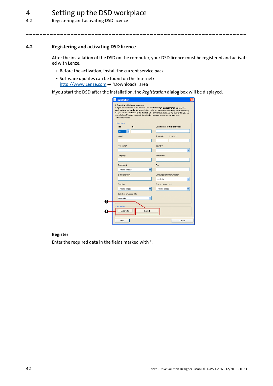 2 registering and activating dsd licence, Registering and activating dsd licence, 4setting up the dsd workplace | Lenze DSD User Manual | Page 42 / 496