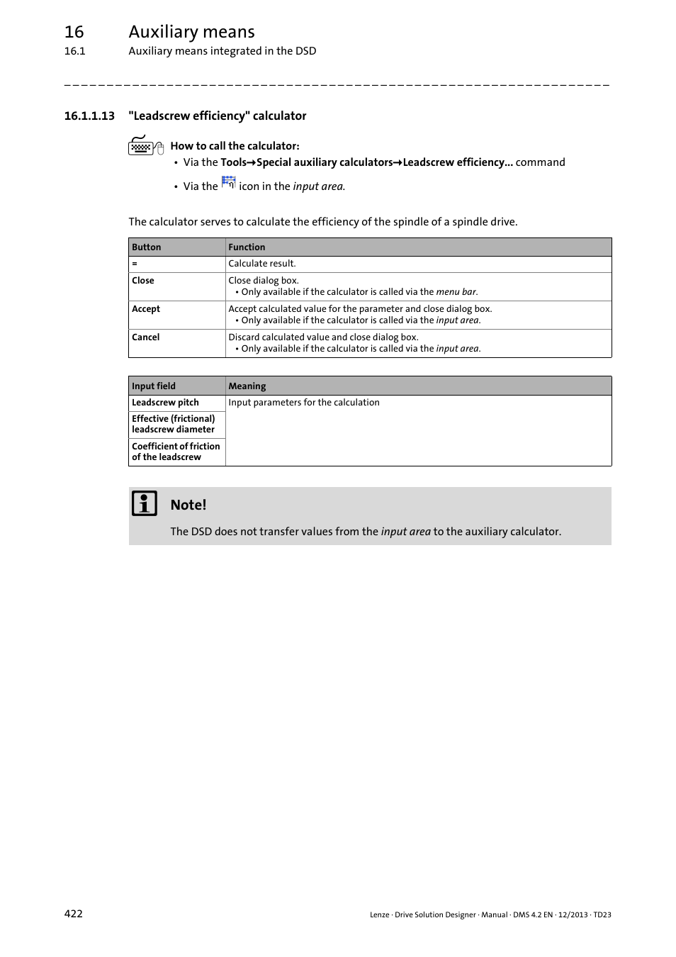 13 "leadscrew efficiency" calculator, Leadscrew efficiency" calculator ( 422), 16 auxiliary means | Lenze DSD User Manual | Page 422 / 496
