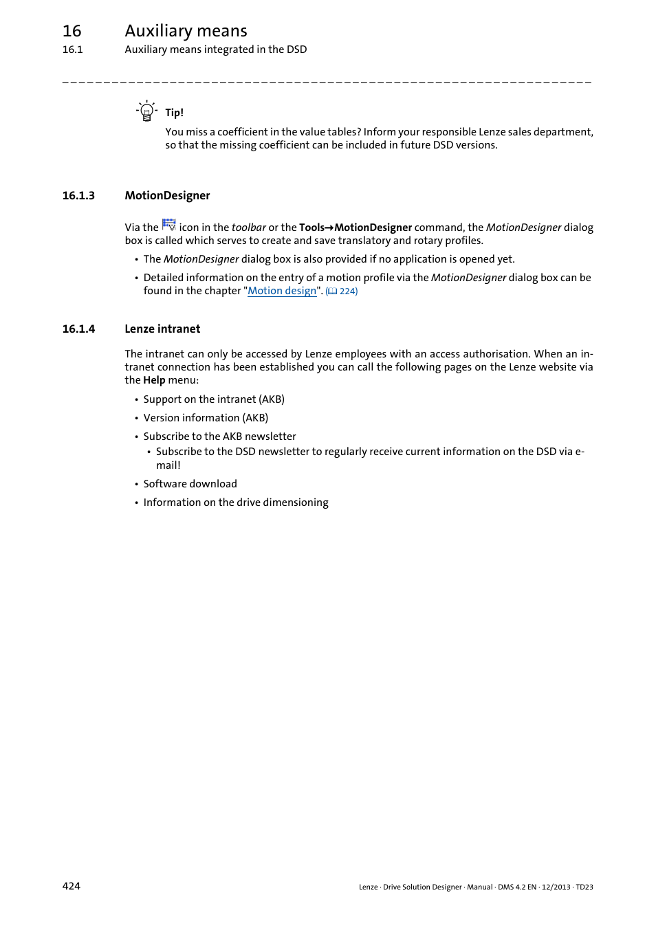 3 motiondesigner, 4 lenze intranet, Lenze intranet | 16 auxiliary means | Lenze DSD User Manual | Page 424 / 496