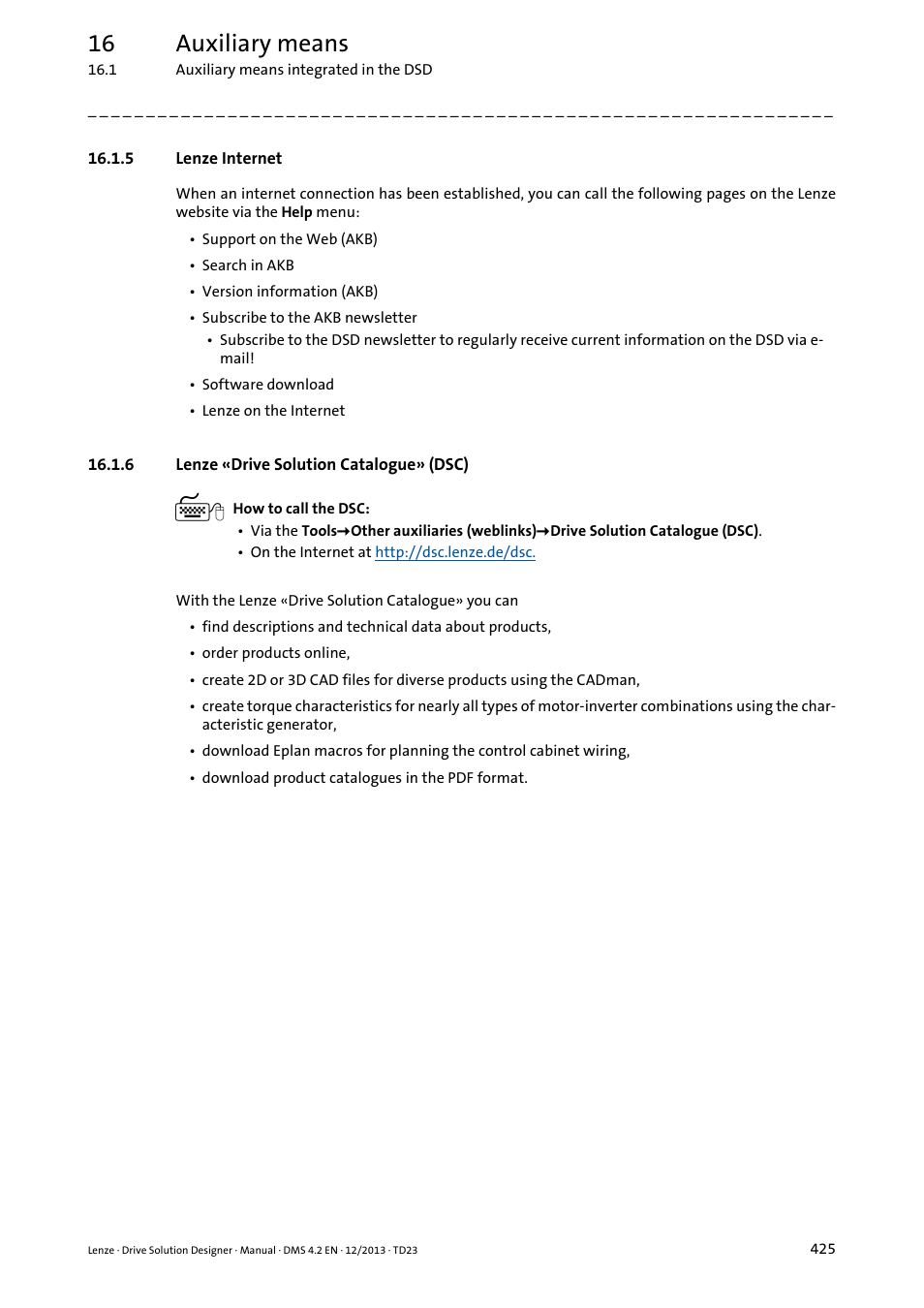 5 lenze internet, 6 lenze «drive solution catalogue» (dsc), Lenze internet | Lenze «drive solution catalogue» (dsc), 16 auxiliary means | Lenze DSD User Manual | Page 425 / 496